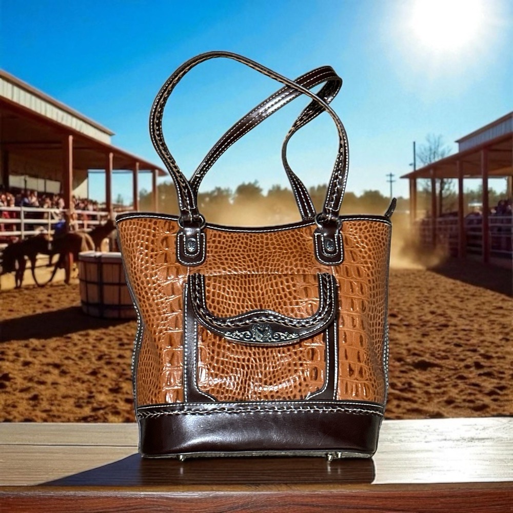 Silverake Western Cowgirl Style Genuine Leather Dk Brown On Brown Tote Purse